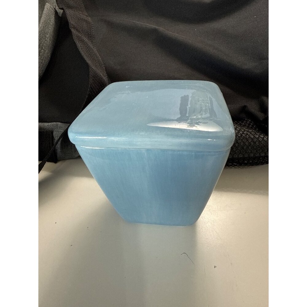 Pottery Barn Light Blue Ceramic Square Lidded Storage Container 4"x4"